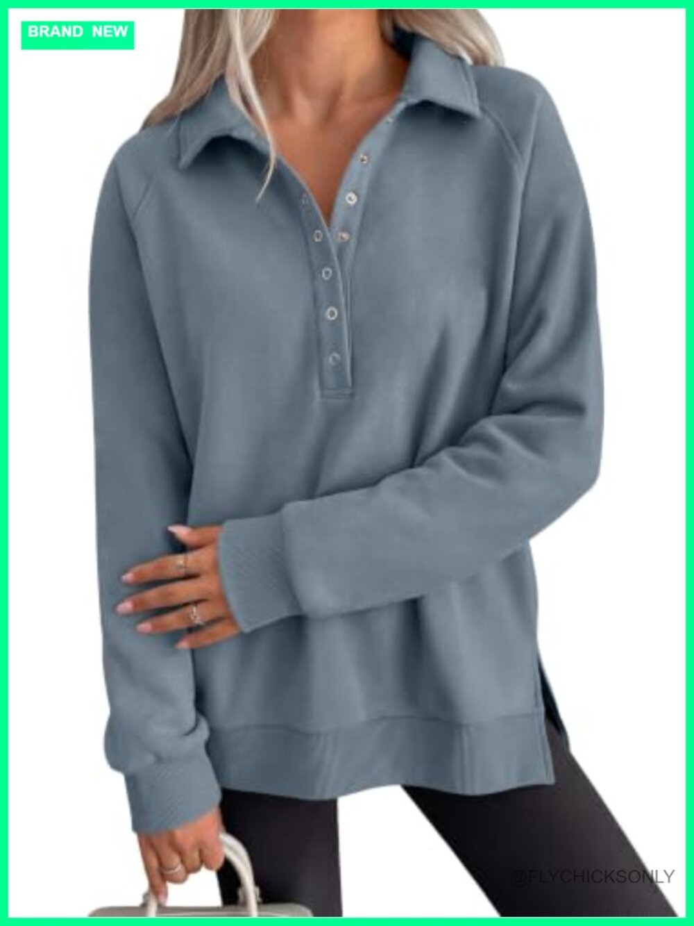 Oversized Button Up Henley Sweatshirt Fleece Lined Pullover